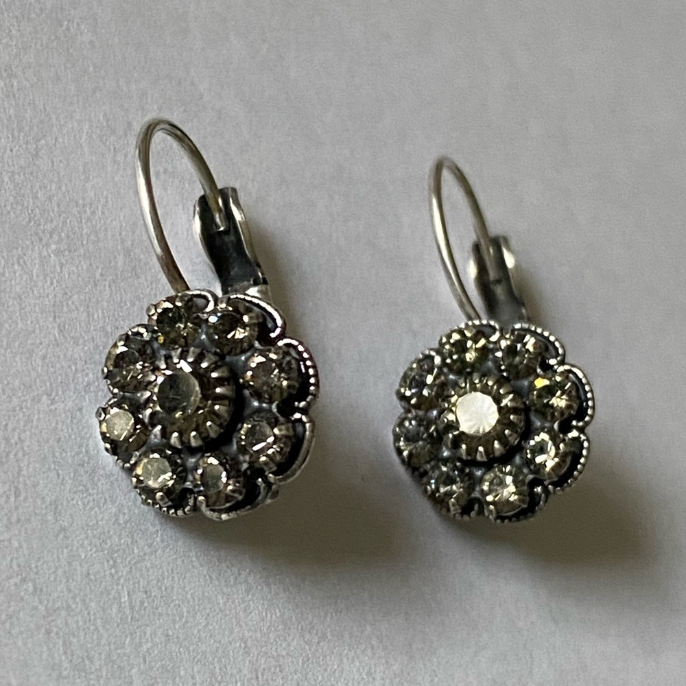 Vintage Sterling Silver Floral Crystal Leverback Earrings